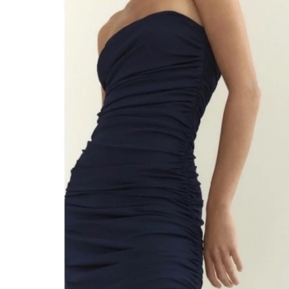 Zara navy blue Ruched Strapless dress size S - Picture 3 of 6
